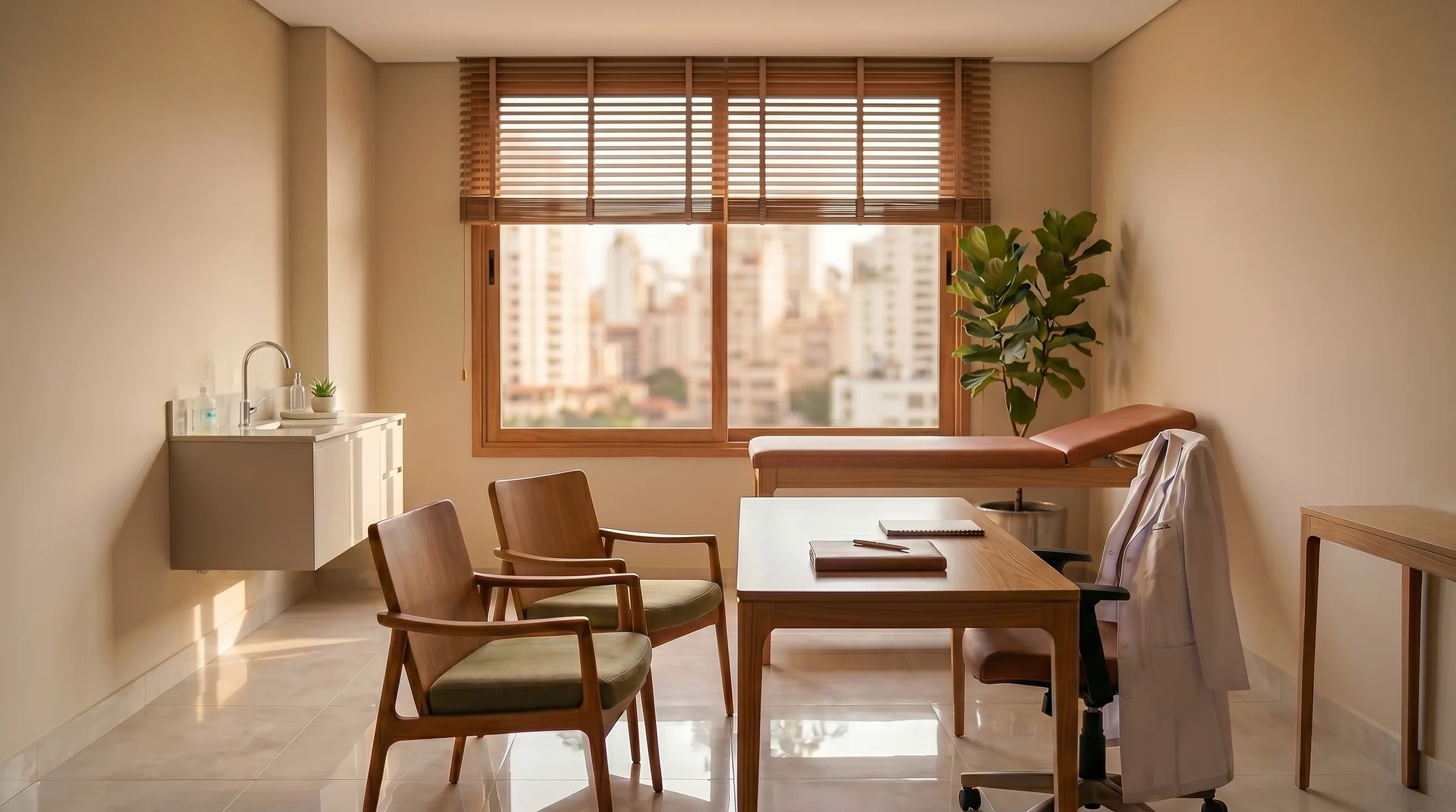 Consultório com poltrona de atendimento e vista da cidade