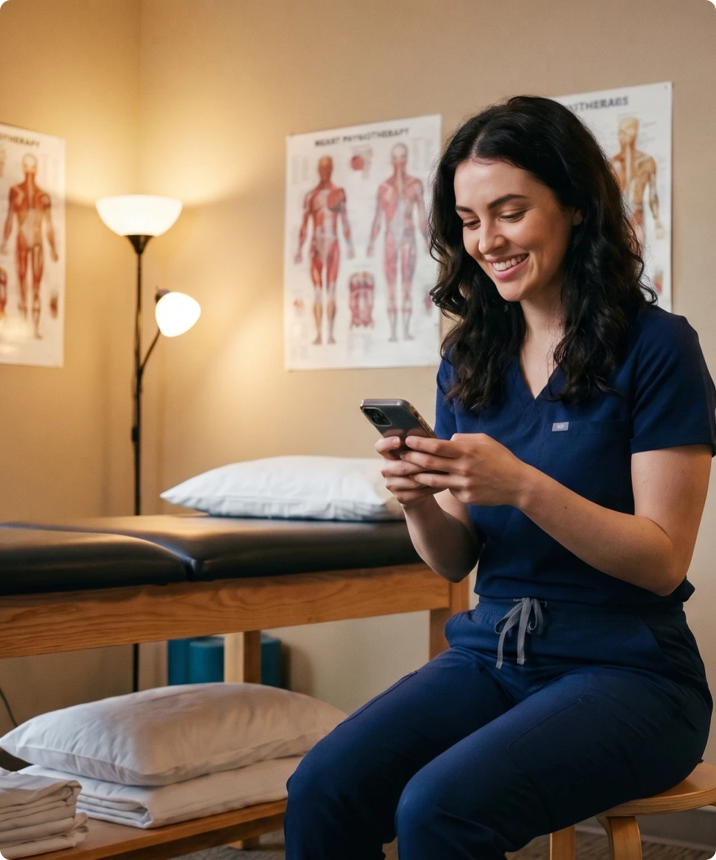 Profissional da saúde de scrubs sorrindo ao olhar o celular
