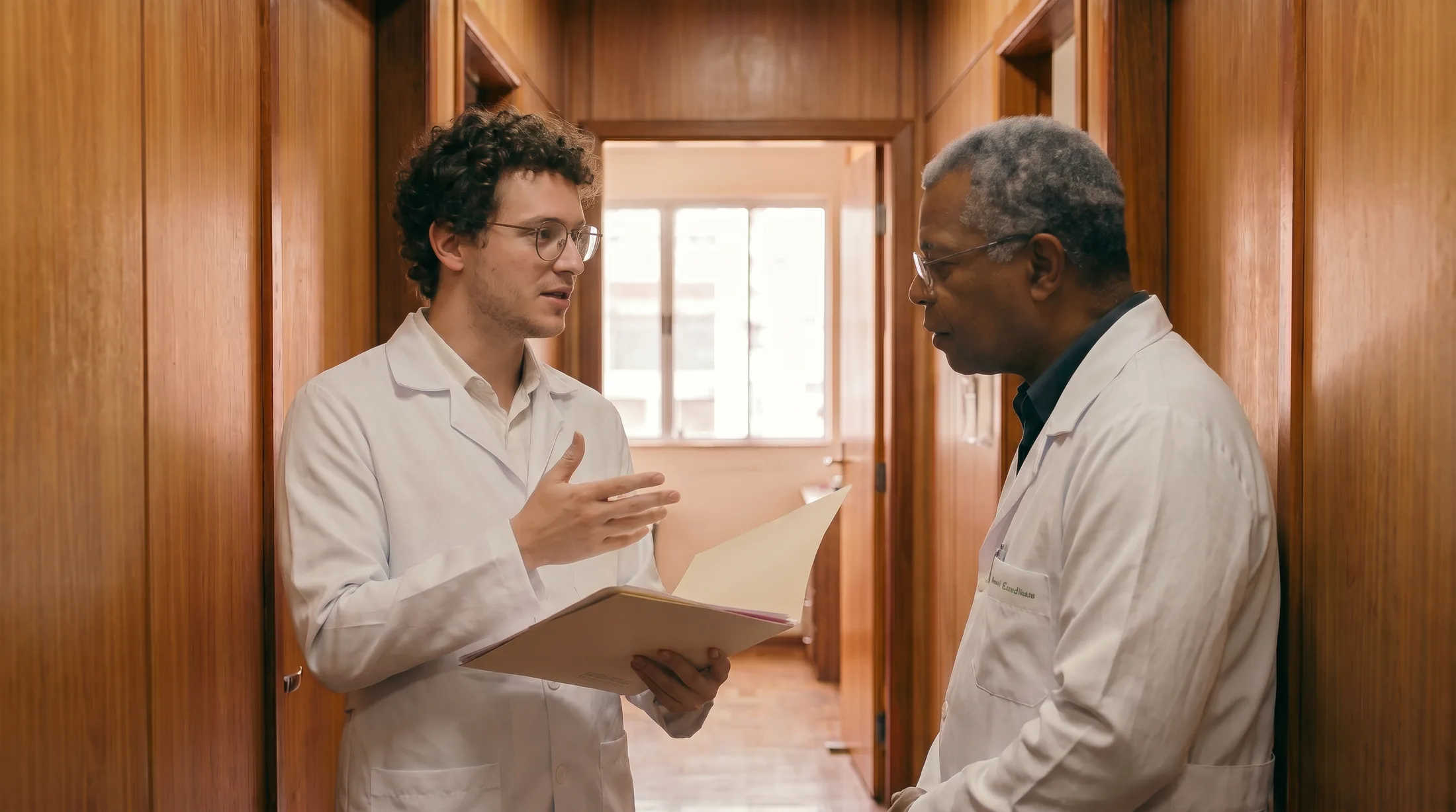 Duas pessoas da saúde conversando em um corredor